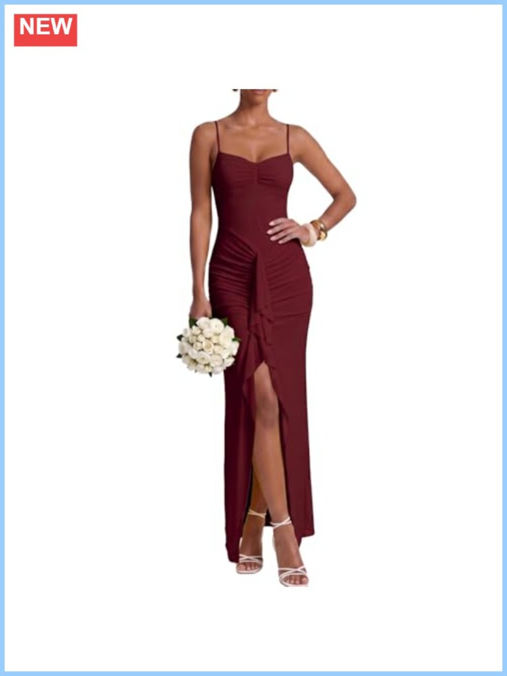 Spaghetti Strap Bodycon Maxi Dress with Slit Ruffle Mesh Ruched Formal
